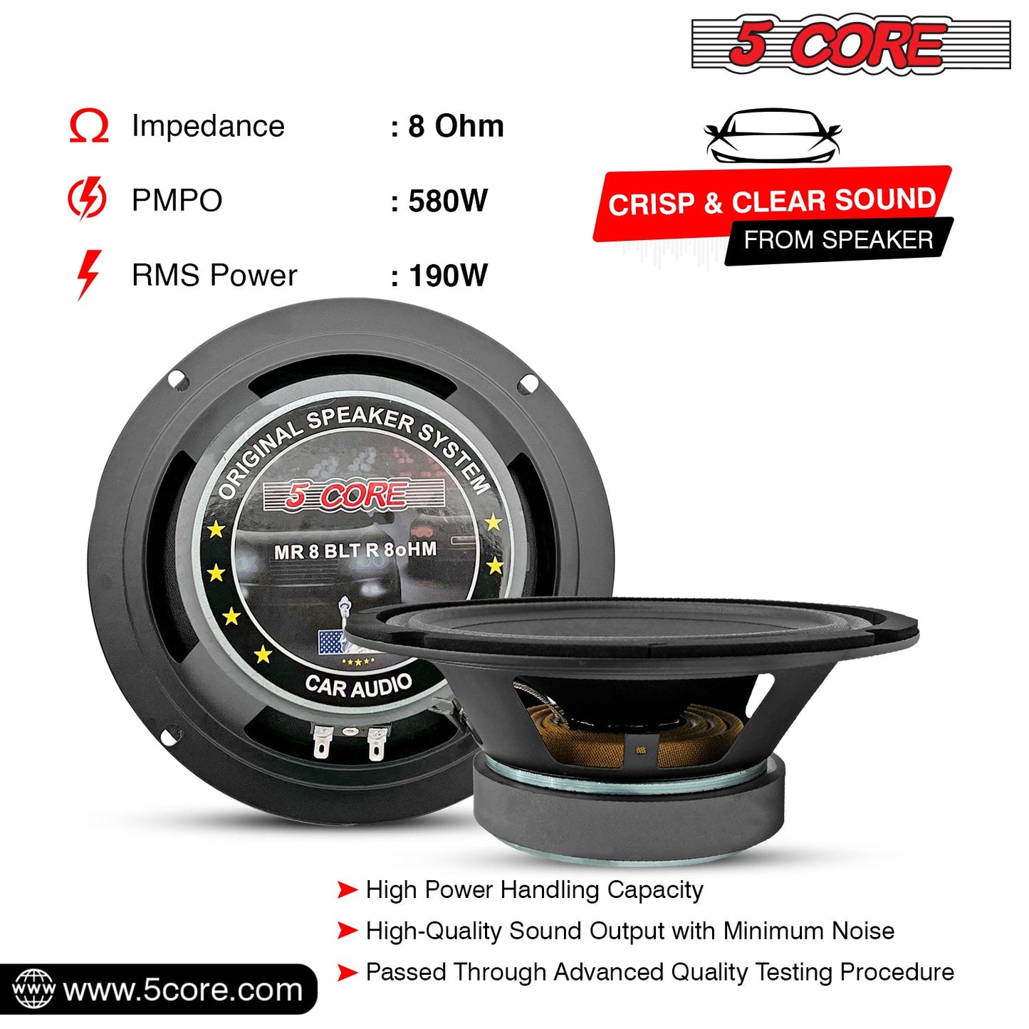 5 Core 8 Car Audio Speakers with Bullet 580 W 8 Ohm Mid-Range