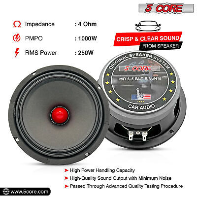 5Core 4 Pcs 6.5" Car Audio Speaker with Bullet 4000W 4 Ohm Mid-Range