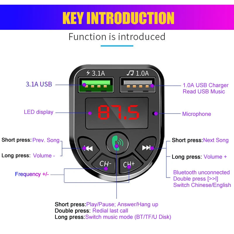 Bluetooth-compatible 5.0 FM Transmitter Car Kit MP3 Modulator Player Wireless Handsfree Audio Receiver Dual USB Fast Charger